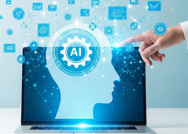 a photo illustration of a laptop and a woman's hand touching an AI head