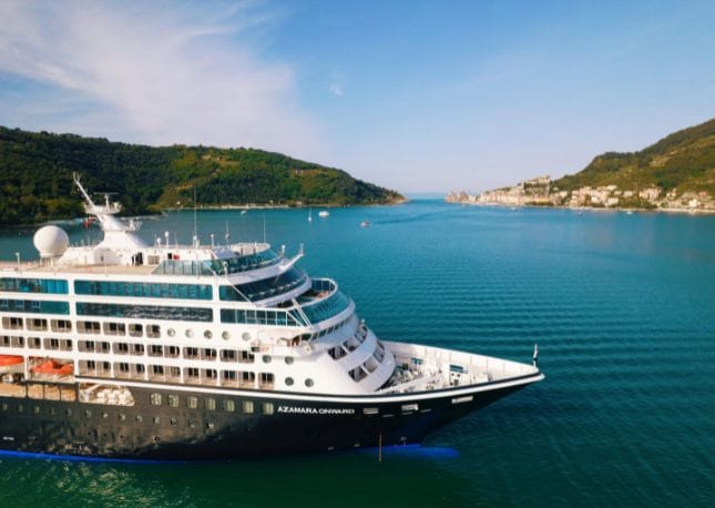phot of the front part of an Azamara ship.