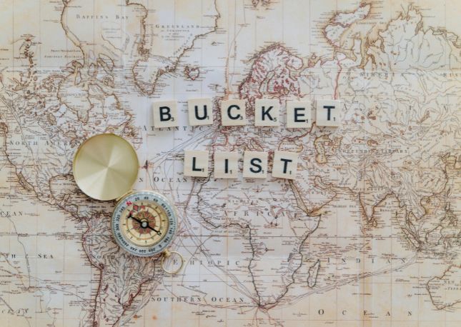 an old looking map with "Bucket List" spelled out with blocked letters