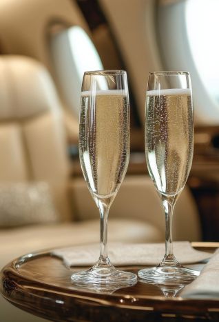 Glasses of champagne on a plane in business class.