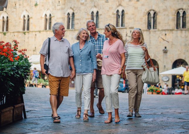 a group of people on shore excursions, led by a tour guide